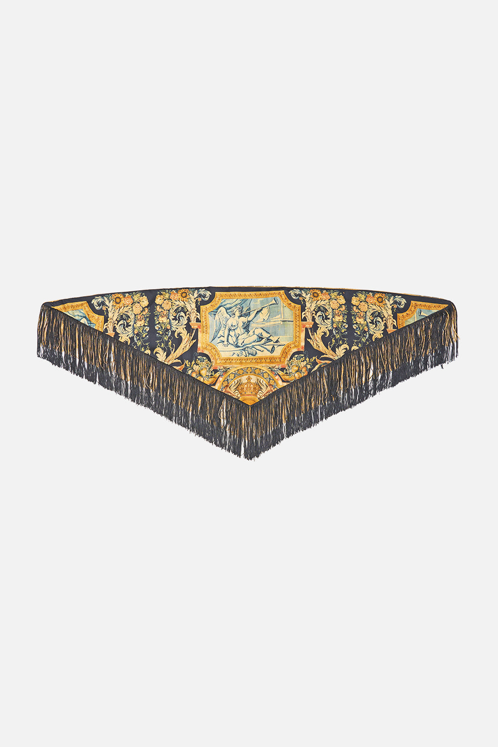The CAMILLA Triangular Silk Twill Scarf With Fringing in our Museum Memoirs print.
