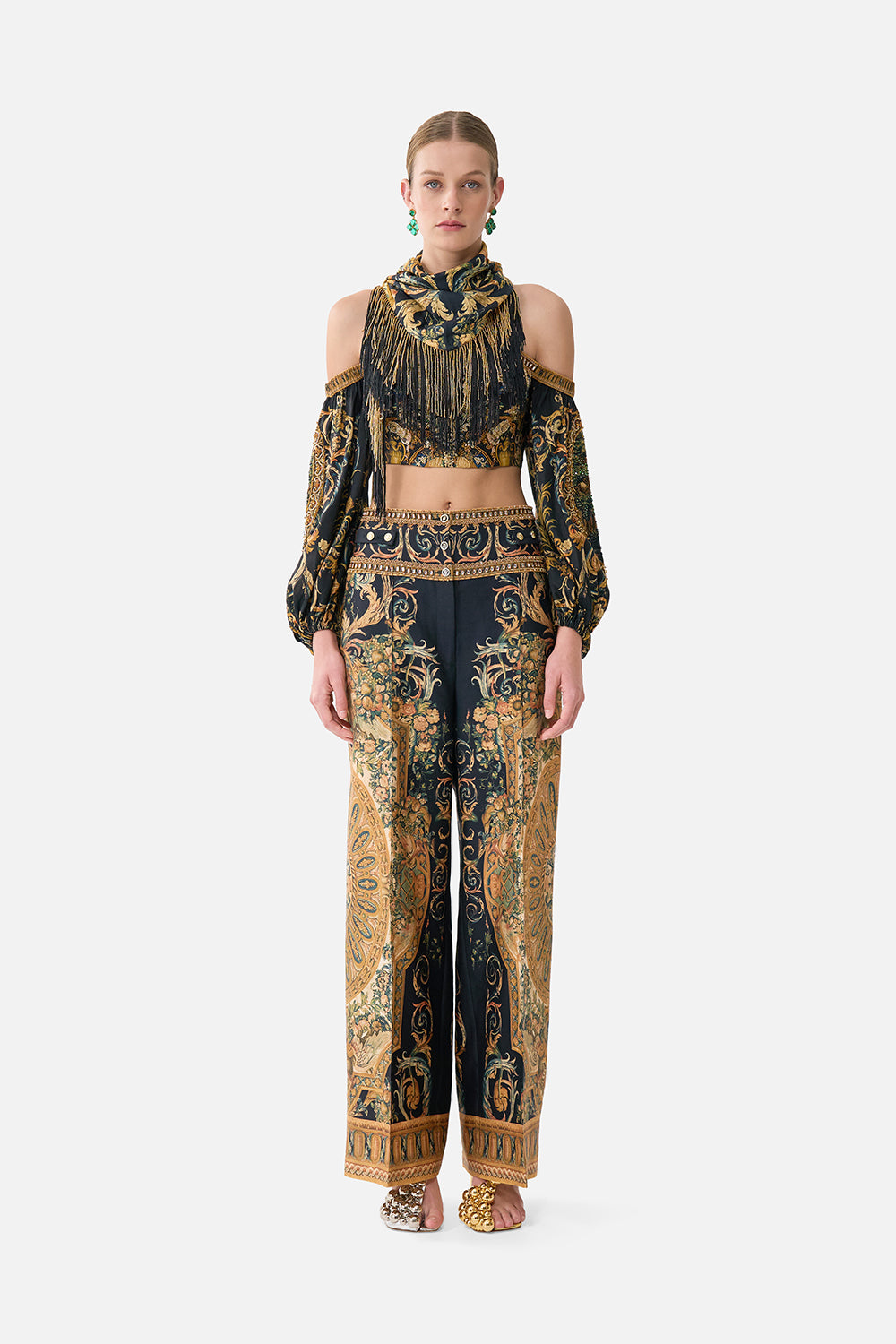 The CAMILLA Triangular Silk Twill Scarf With Fringing in our Museum Memoirs print.