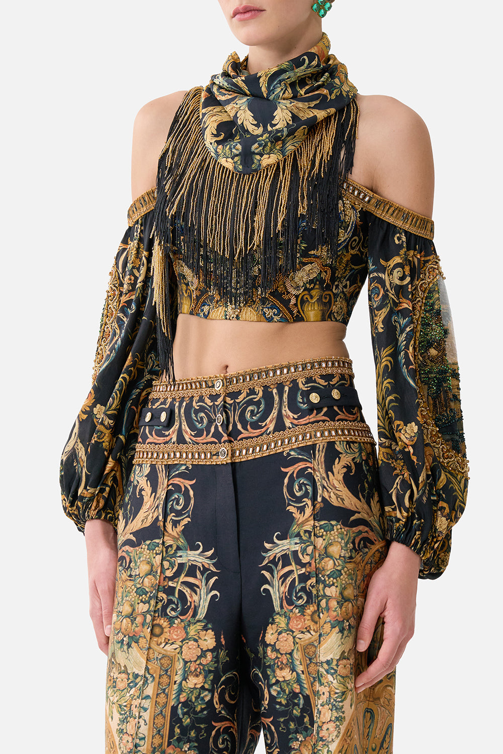 The CAMILLA Triangular Silk Twill Scarf With Fringing in our Museum Memoirs print.