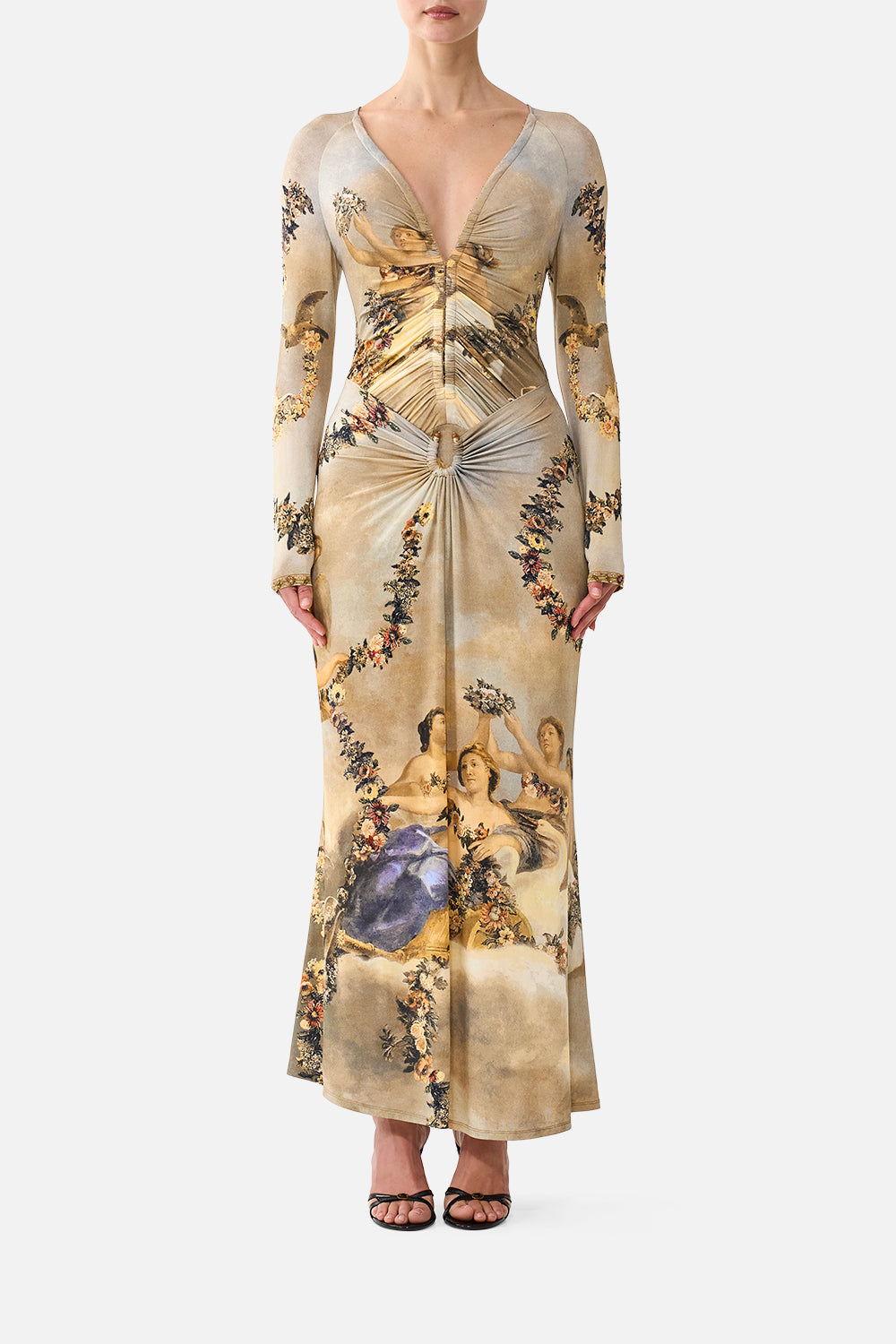 GATHERED V NECK LONG DRESS QUEEN OF BOHEMIA
