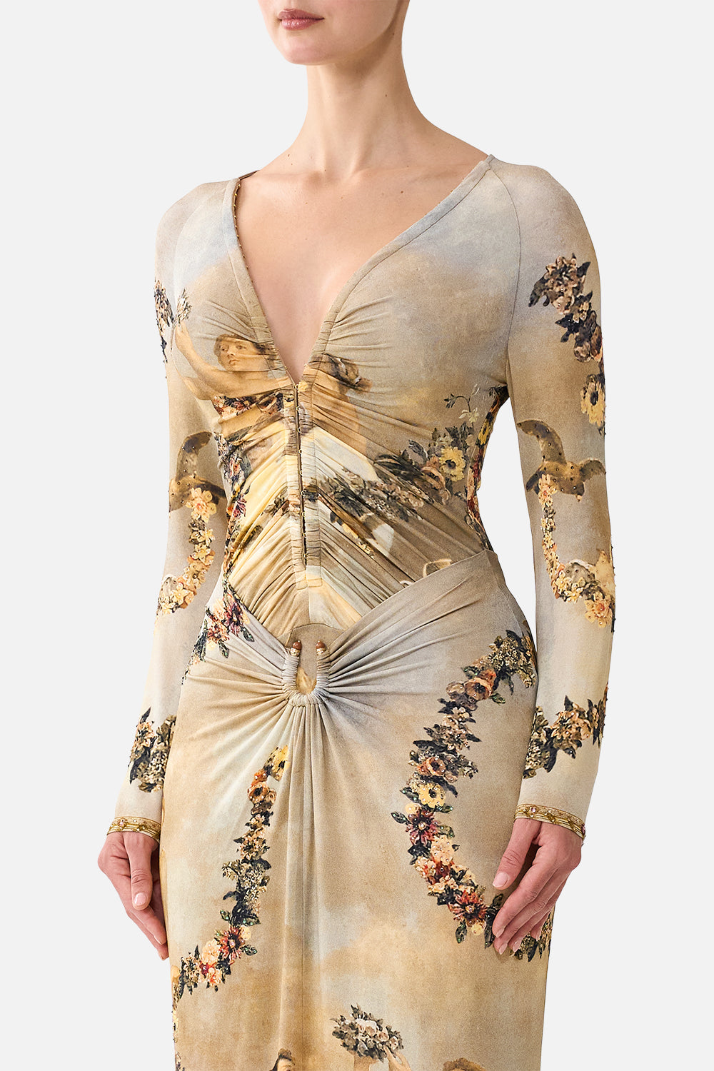 GATHERED V NECK LONG DRESS QUEEN OF BOHEMIA