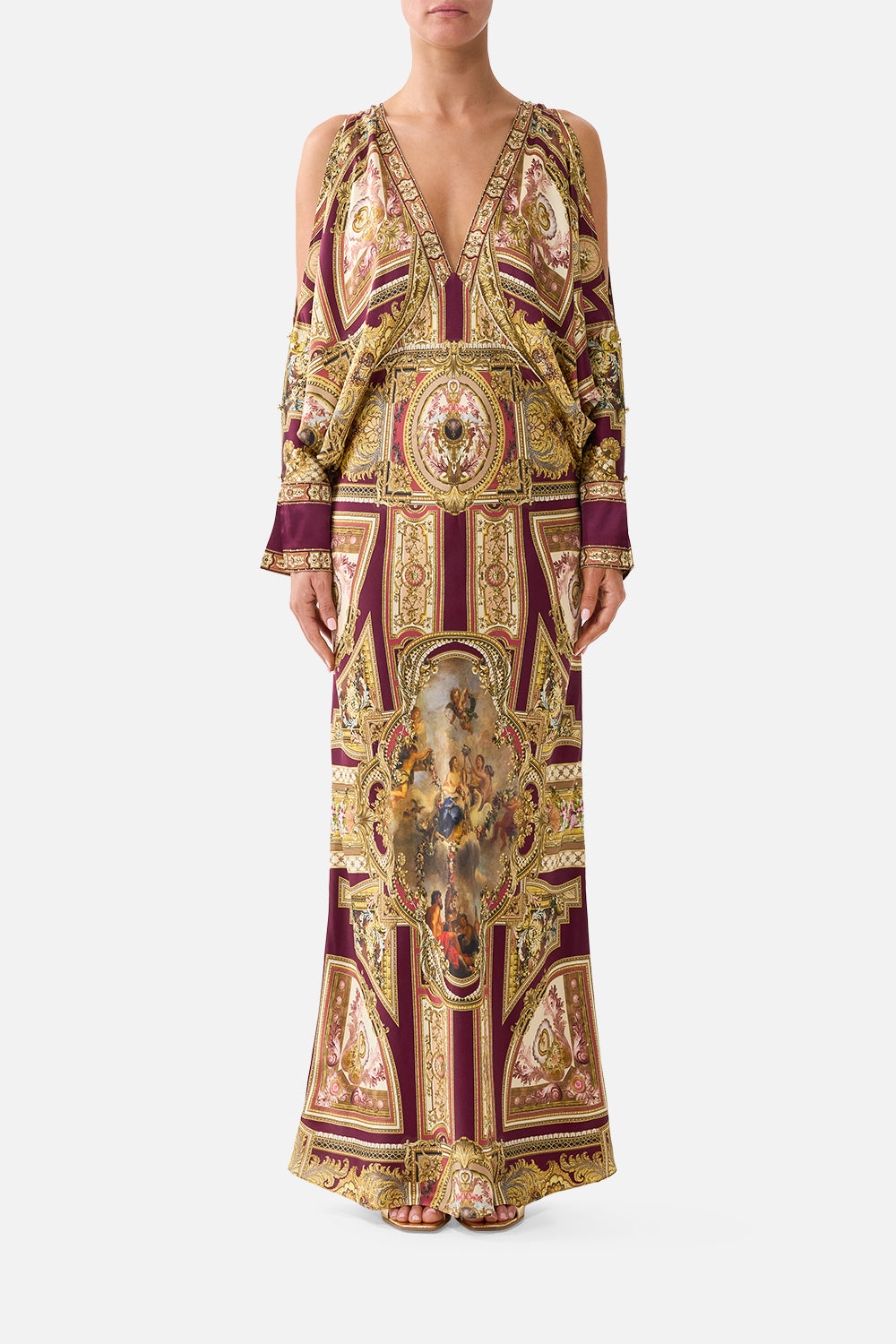 PLUNGE NECK DRAPED SHOULDER DRESS QUEEN OF BOHEMIA