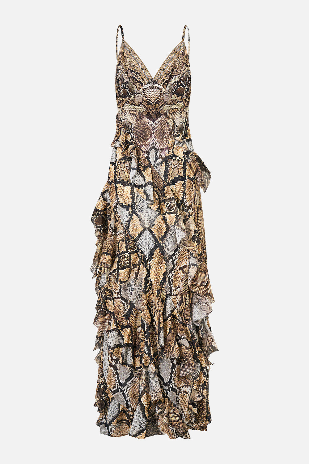 ASYMMETRICAL RUFFLE SLIP DRESS ANIMALIA HEIRLOOMS
