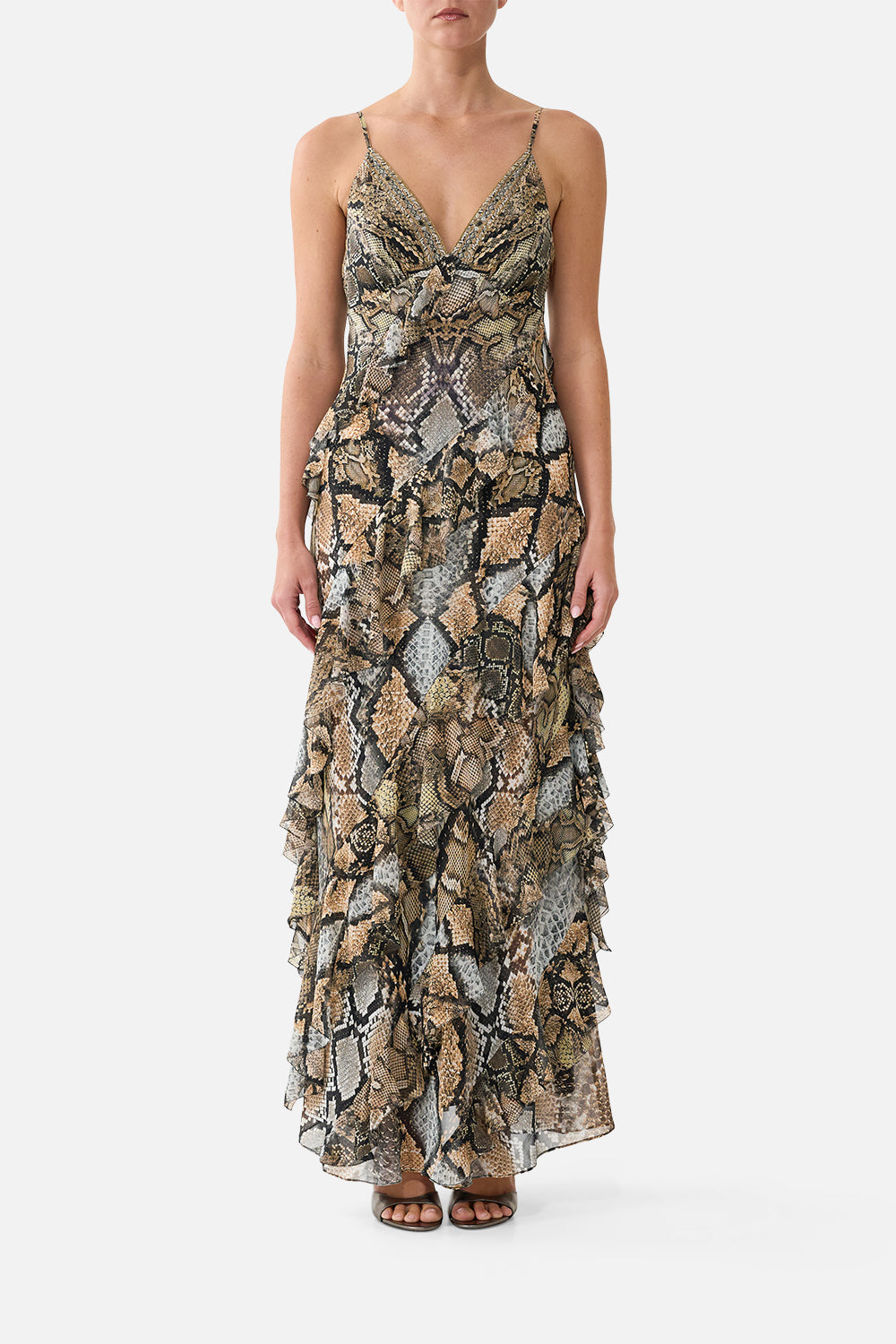 ASYMMETRICAL RUFFLE SLIP DRESS ANIMALIA HEIRLOOMS