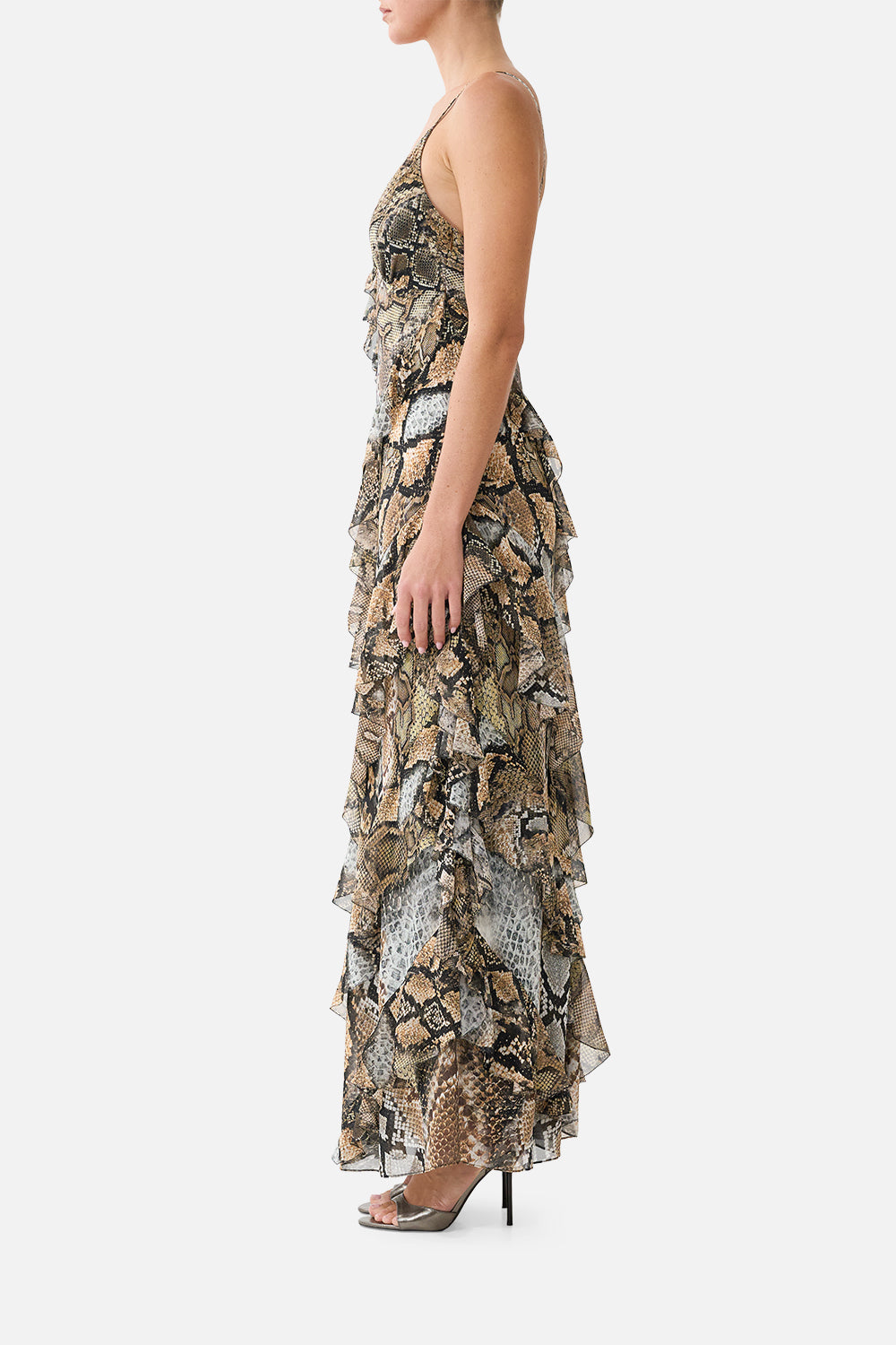 ASYMMETRICAL RUFFLE SLIP DRESS ANIMALIA HEIRLOOMS