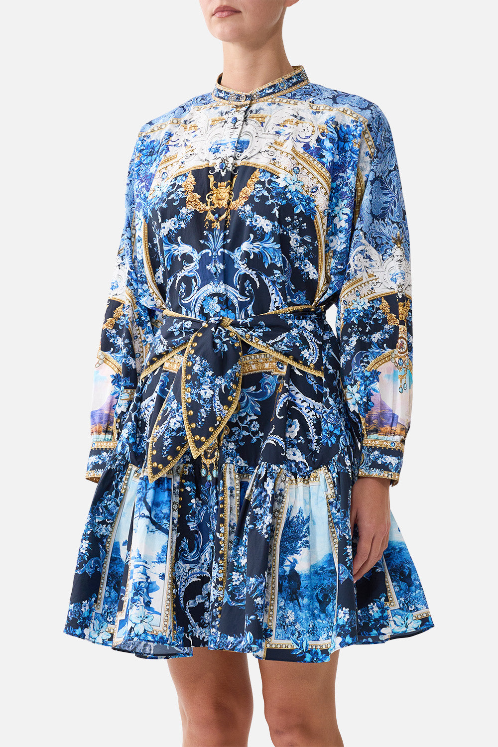 SHORT TIERED SHIRTDRESS WITH WIDE WAIST TIE SWEET SACRÉ BLEU