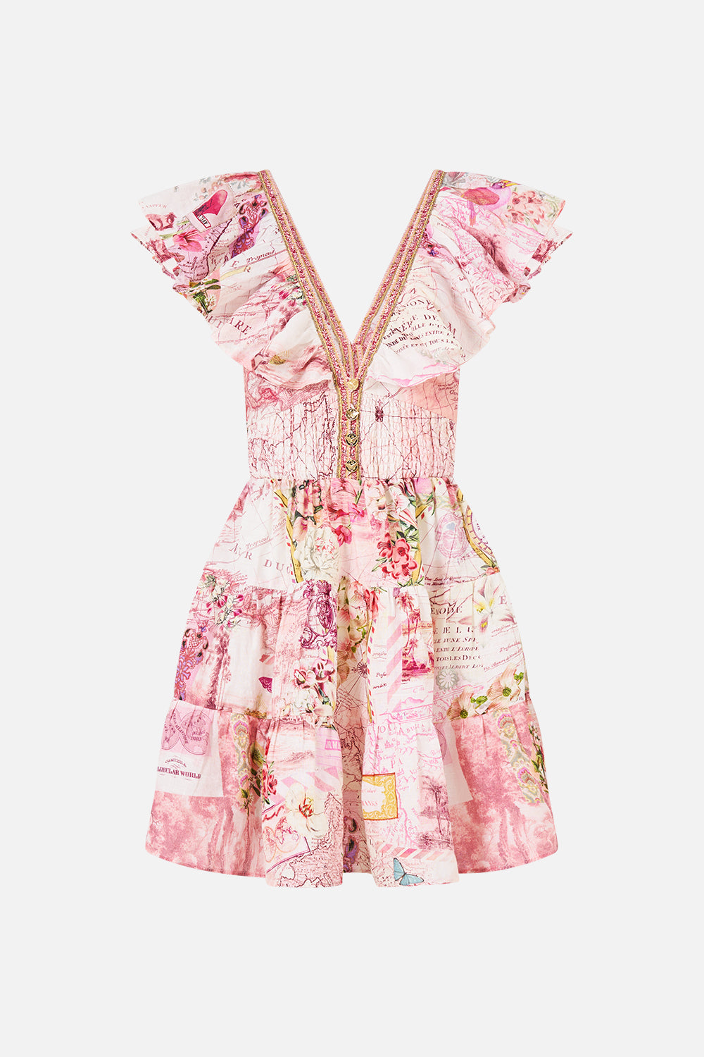 TIERED SHORT DRESS WITH NECK FRILL JOURNAL DE VOYAGE