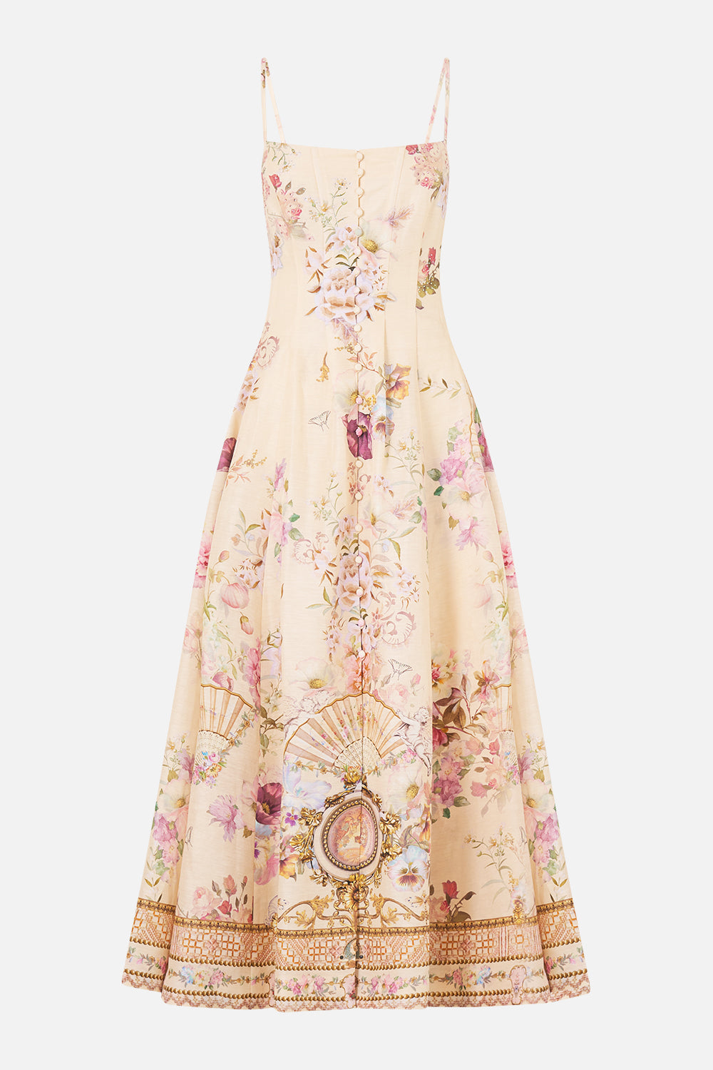 CORSET DRESS WITH LONG FLARED SKIRT ADORNED IN ARANJUEZ