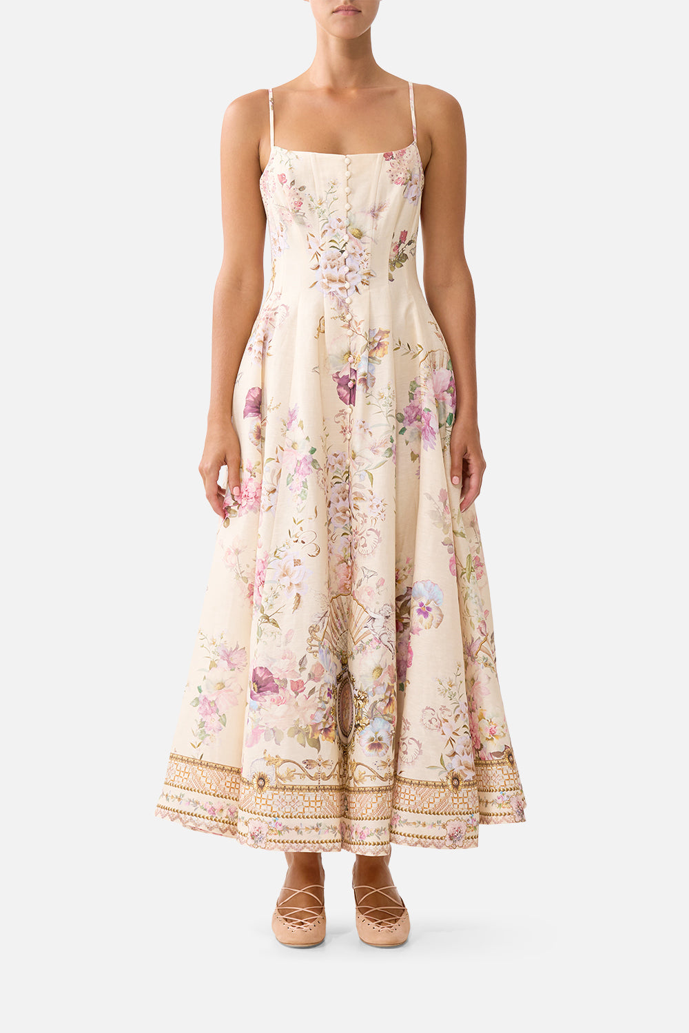 CORSET DRESS WITH LONG FLARED SKIRT ADORNED IN ARANJUEZ