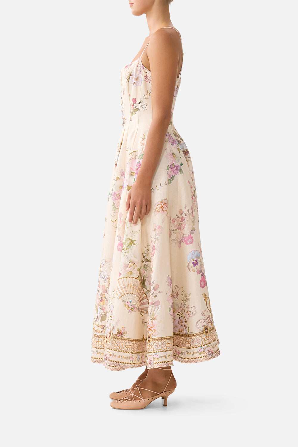 CORSET DRESS WITH LONG FLARED SKIRT ADORNED IN ARANJUEZ