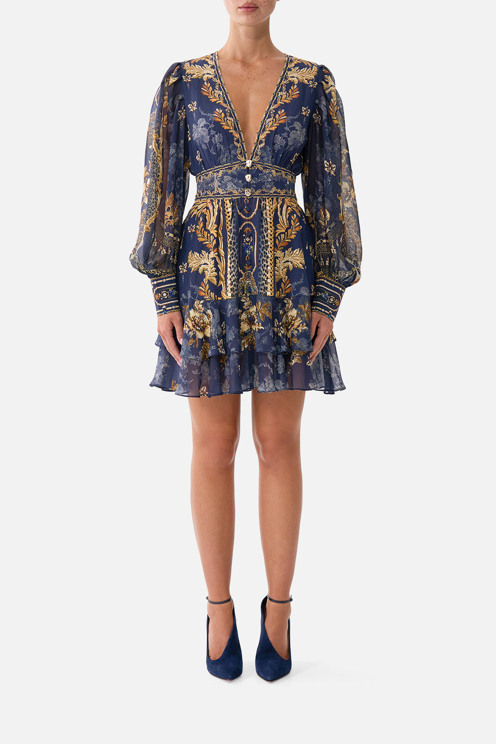 BUTTON FRONT FRILL DRESS CLOAKED IN BAROQUE