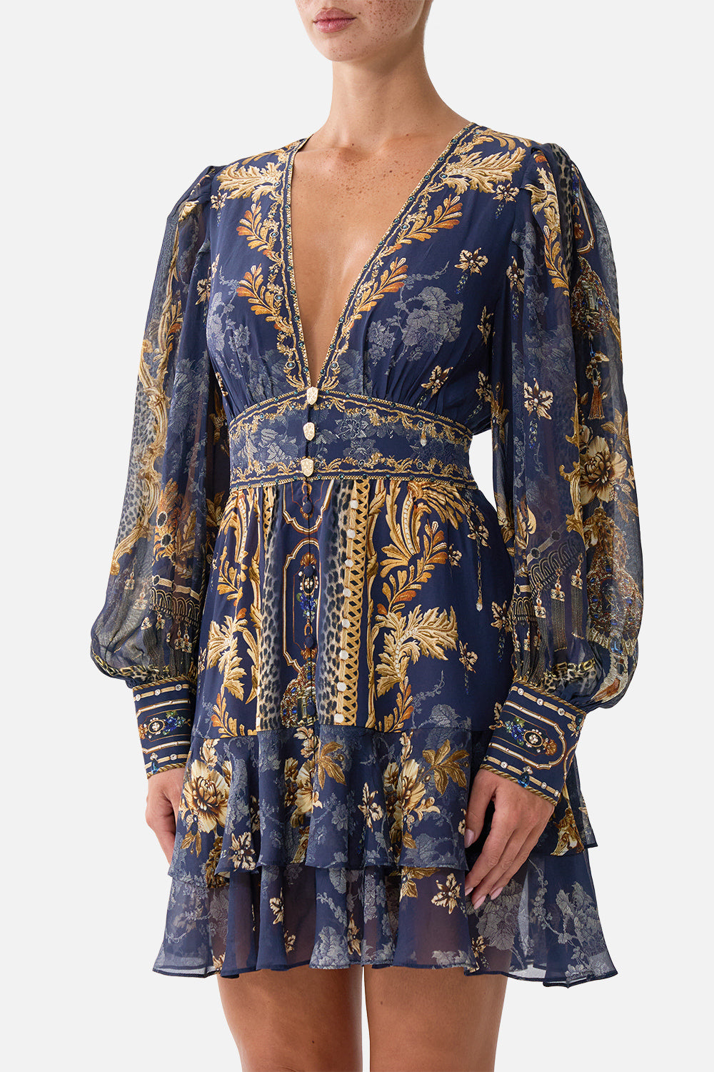 BUTTON FRONT FRILL DRESS CLOAKED IN BAROQUE