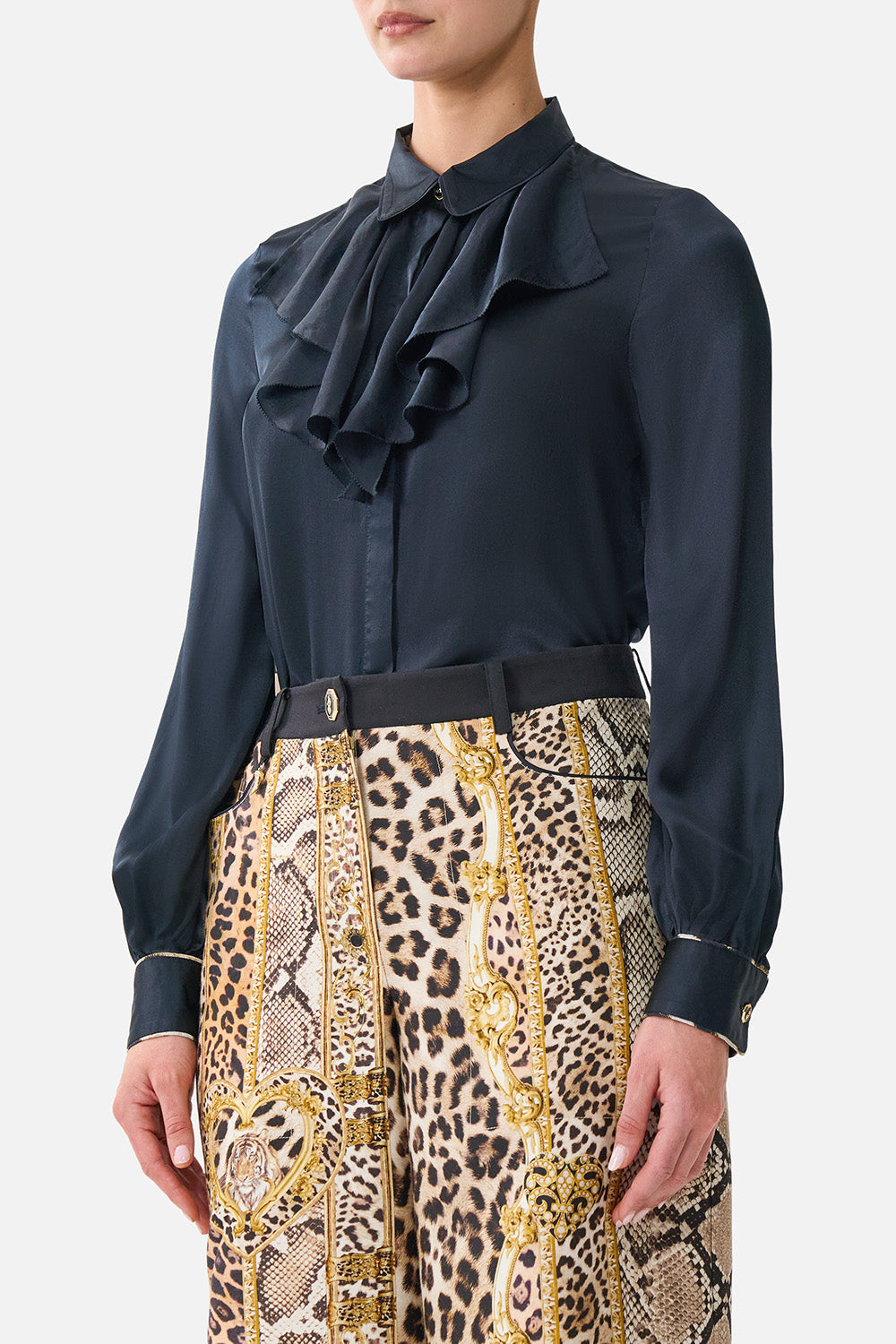 COLLARED SHIRT WITH FRILL NECK DETAIL LEOPARD LIBERTINE