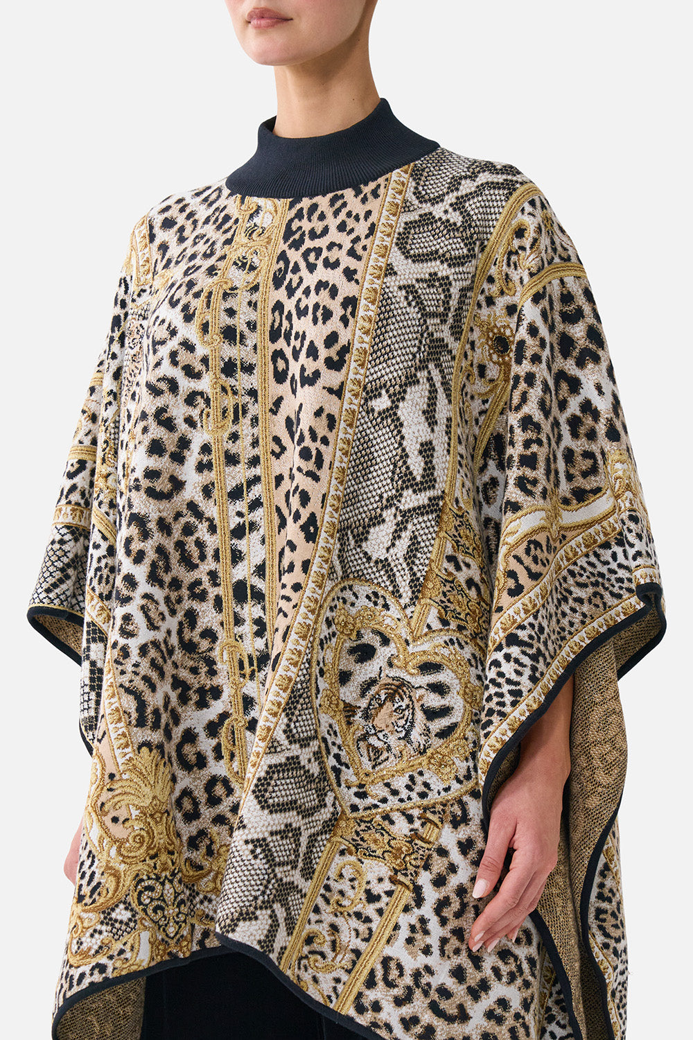 FUNNEL NECK DRAPE KNIT PONCHO LEOPARD LIBERTINE