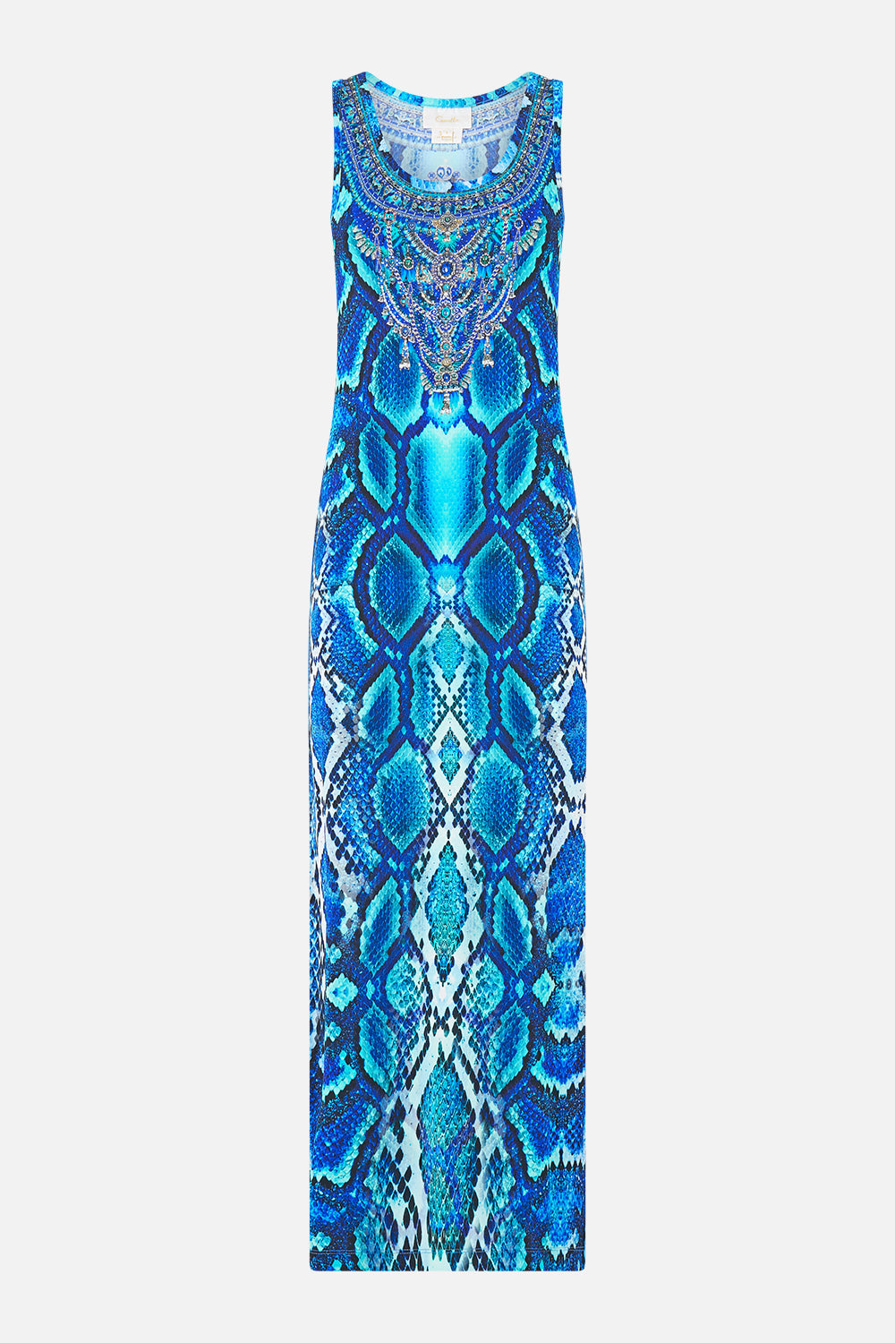 Blue snake print dress with intricate detailing on a white background