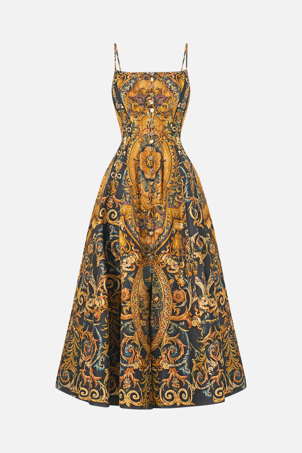 The CAMILLA Corset Dress With Long Flared Skirt in our Museum Memoirs print.
