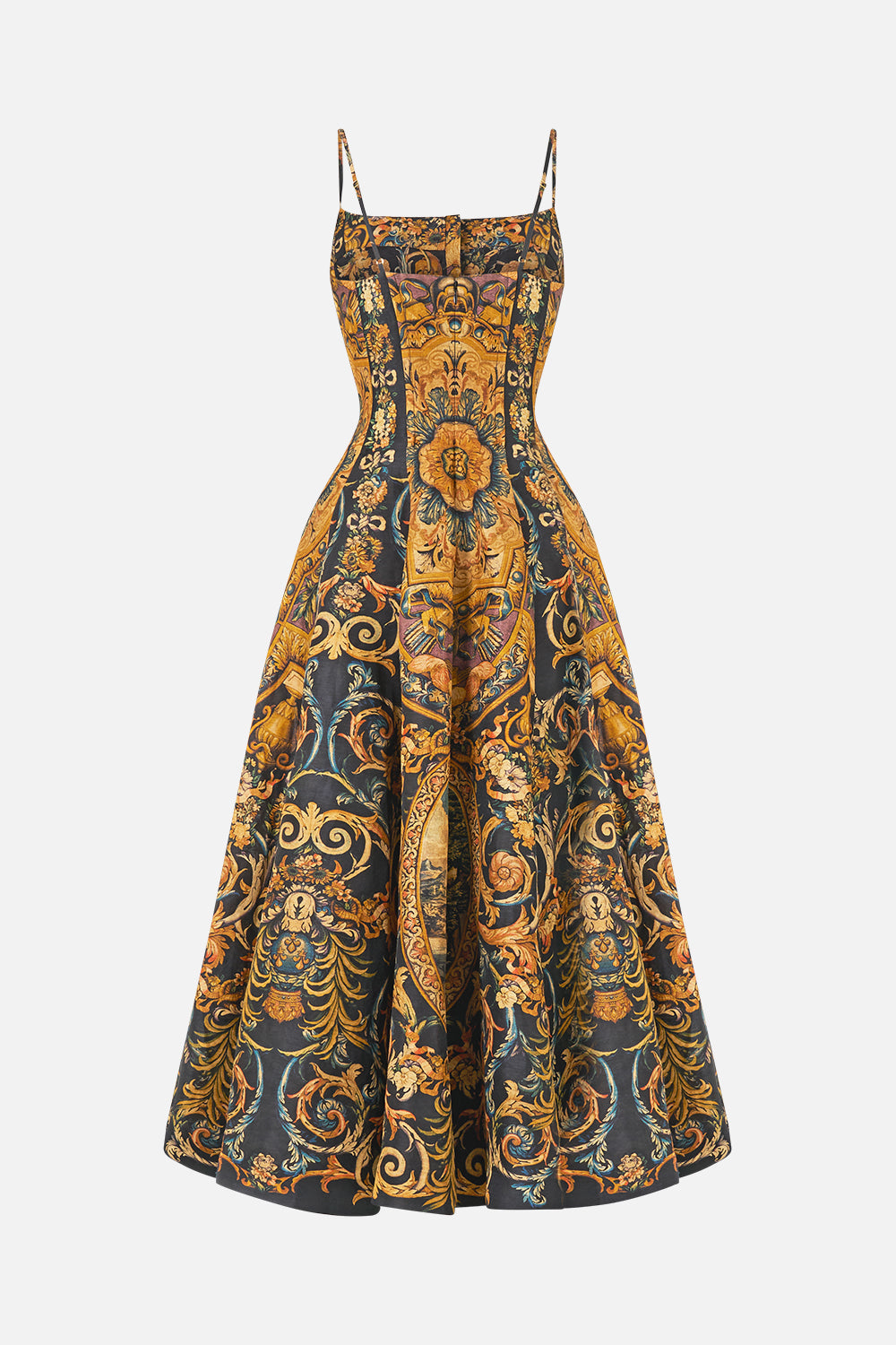 The CAMILLA Corset Dress With Long Flared Skirt in our Museum Memoirs print.