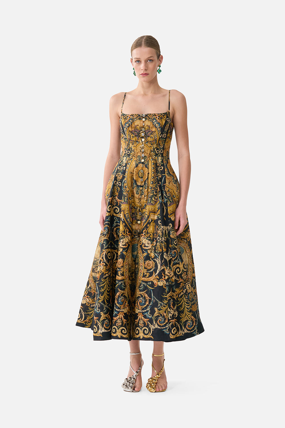 The CAMILLA Corset Dress With Long Flared Skirt in our Museum Memoirs print.