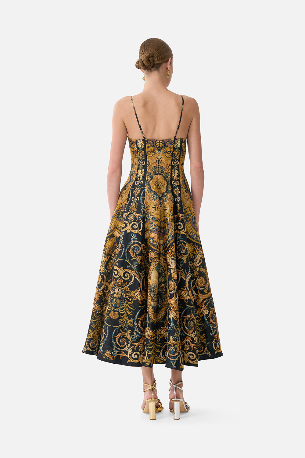 The CAMILLA Corset Dress With Long Flared Skirt in our Museum Memoirs print.