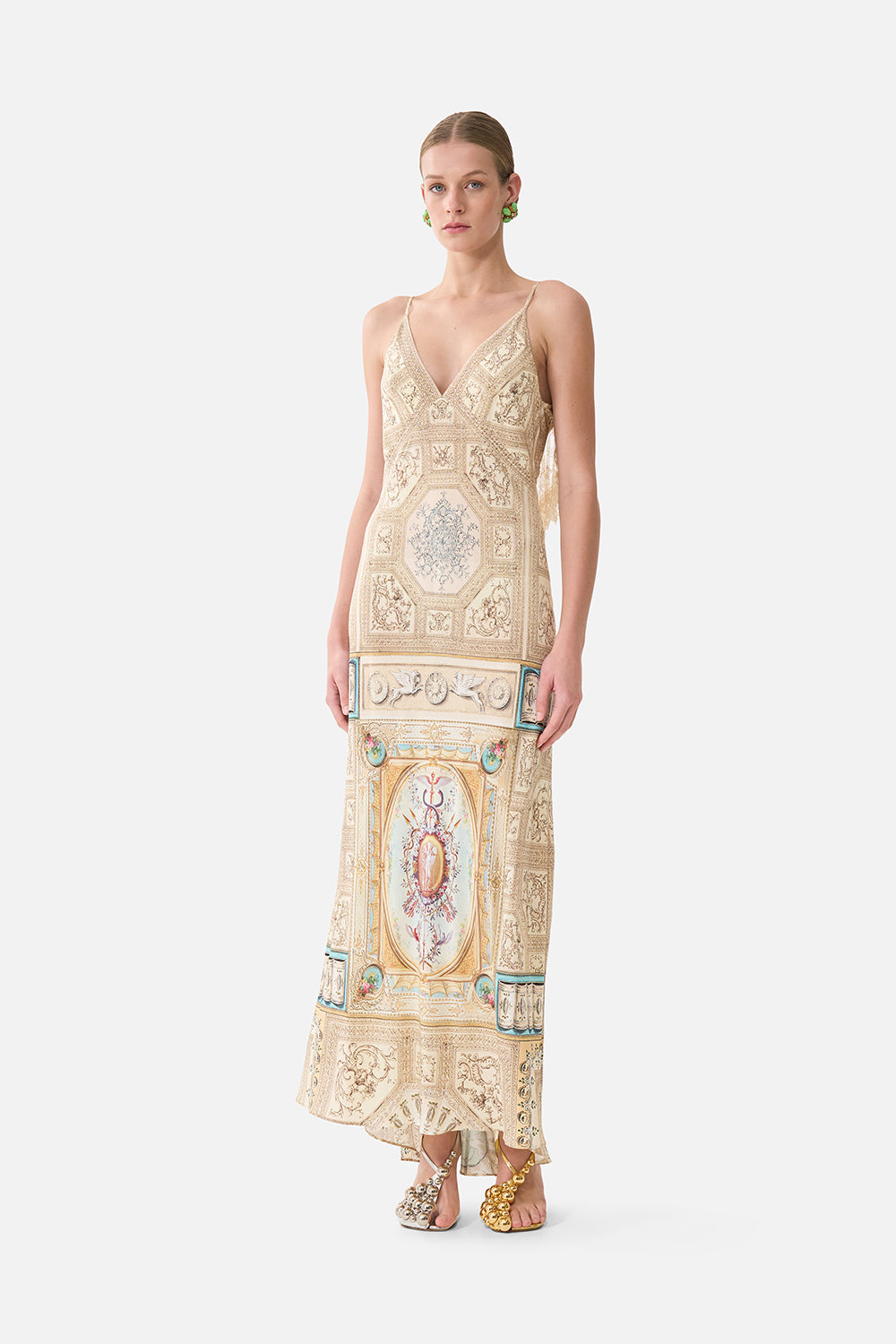 The CAMILLA V Neck Bias Slip Dress With Back Frill in our A Beloved Boudoir print.