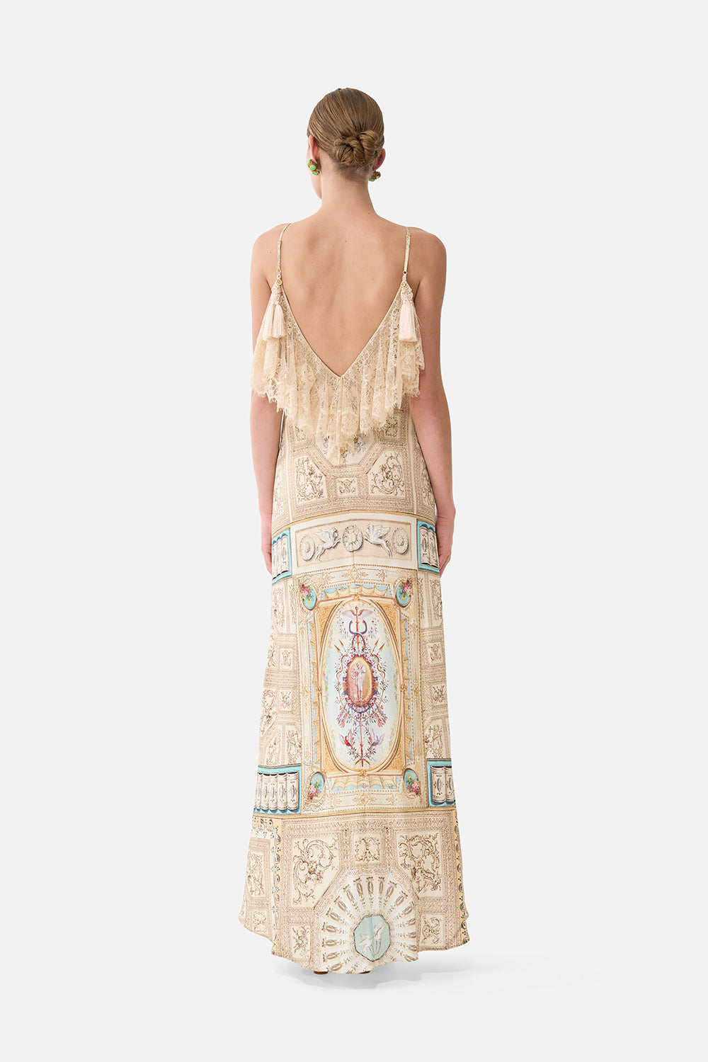 The CAMILLA V Neck Bias Slip Dress With Back Frill in our A Beloved Boudoir print.