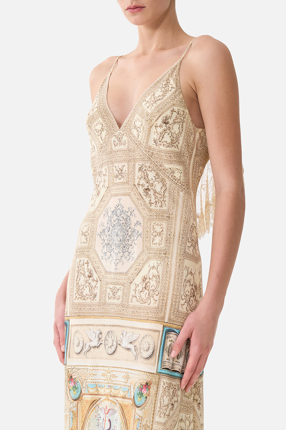 The CAMILLA V Neck Bias Slip Dress With Back Frill in our A Beloved Boudoir print.