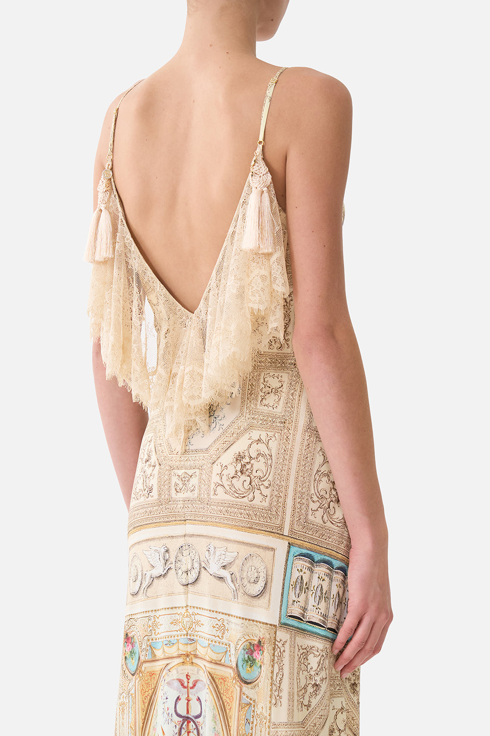 The CAMILLA V Neck Bias Slip Dress With Back Frill in our A Beloved Boudoir print.