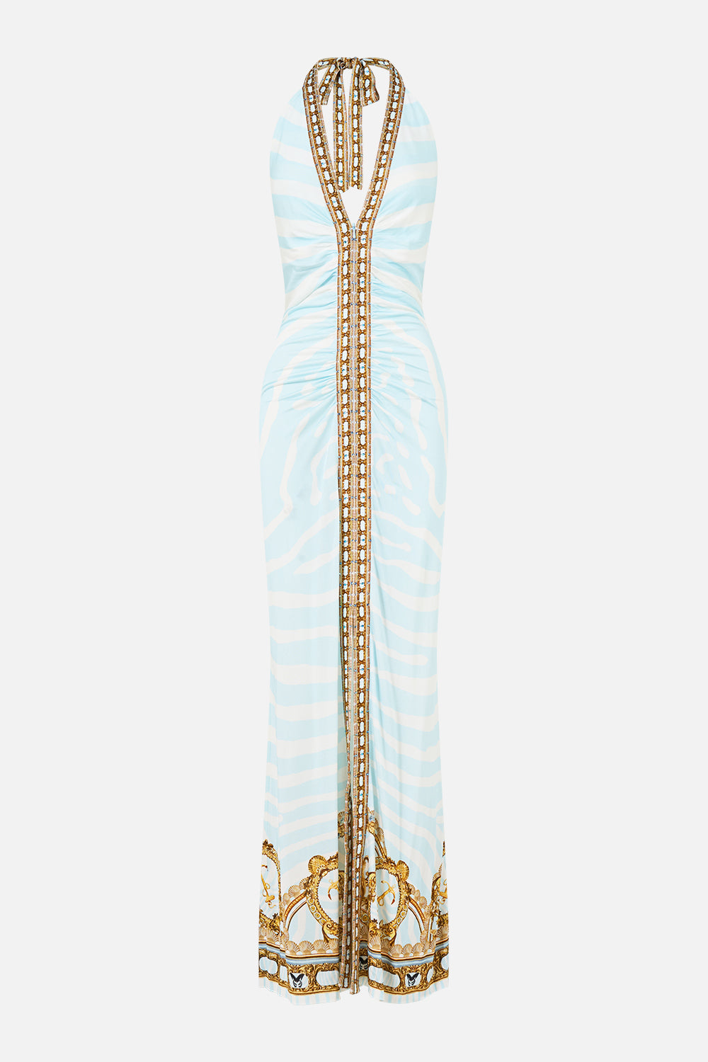 RUCHED FRONT HALTER DRESS SPIRIT OF STRIPES