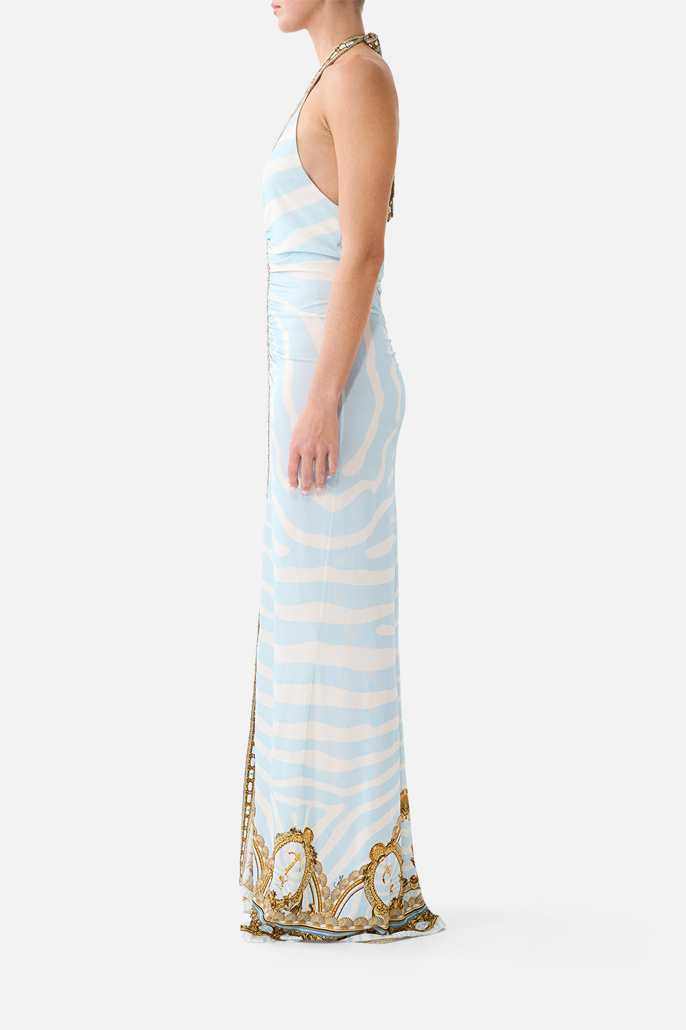 RUCHED FRONT HALTER DRESS SPIRIT OF STRIPES