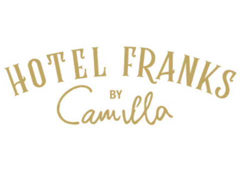Gold text 'Hotel Franks by Camilla' on a white background