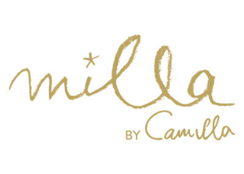 Gold 'milla by Camilla' logo on a white background