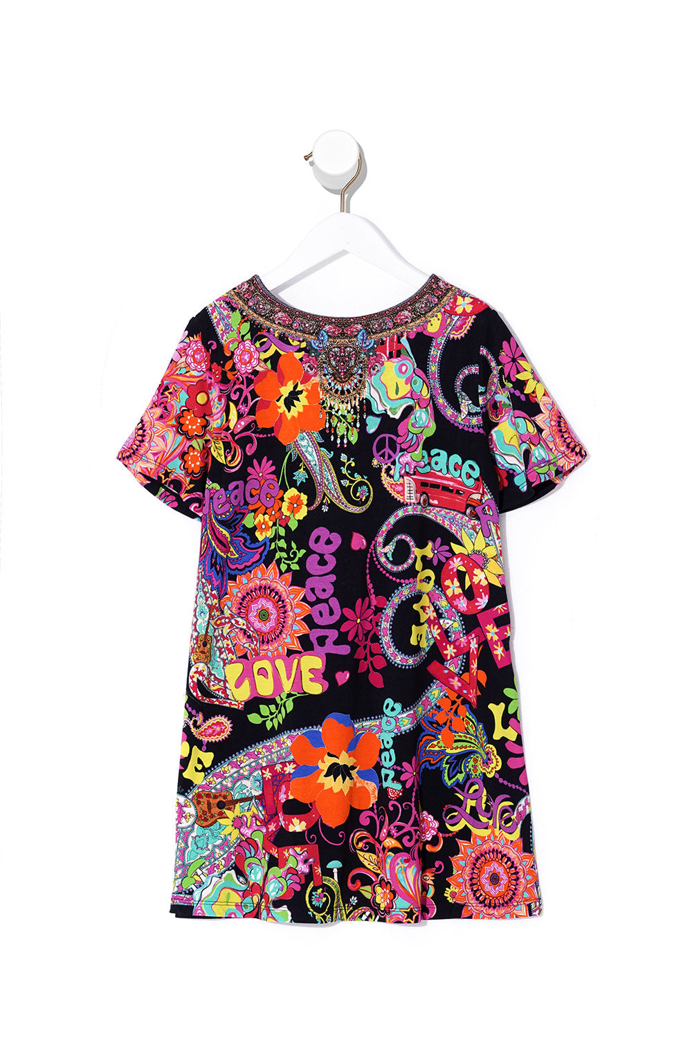INFANTS TSHIRT DRESS WITH FLARE HEM PEACE LOVE AND HAIR