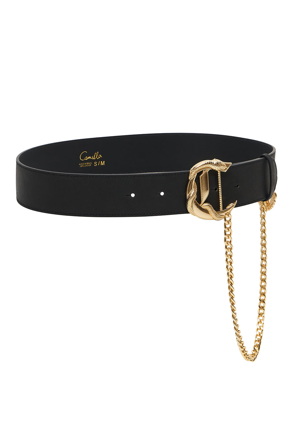 C BUCKLE LEATHER BELT WITH CHAIN SOLID BLACK