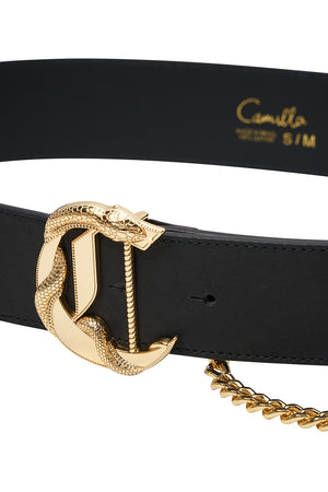 C BUCKLE LEATHER BELT WITH CHAIN SOLID BLACK