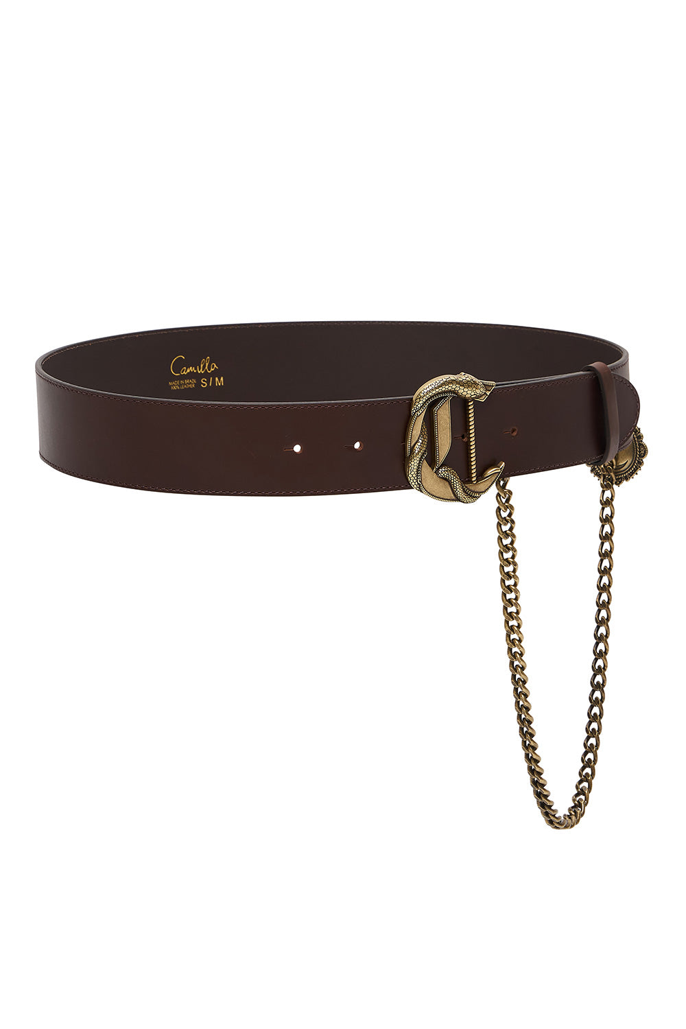 C BUCKLE LEATHER BELT WITH CHAIN SOLID BROWN