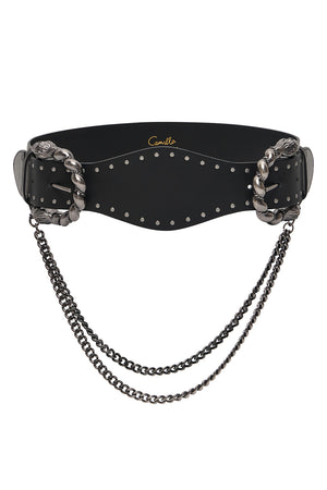 DOUBLE LION BUCKLE BELT WITH CHAIN SOLID BLACK