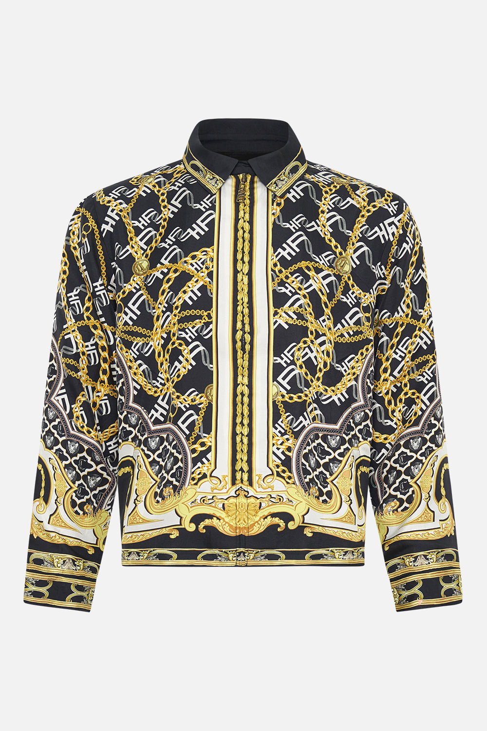 Product view of Hotel Franks by CAMILLA mens silk zip through jacket in black and gold Tether Me Not print