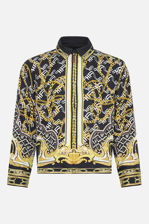 Product view of Hotel Franks by CAMILLA mens silk zip through jacket in black and gold Tether Me Not print