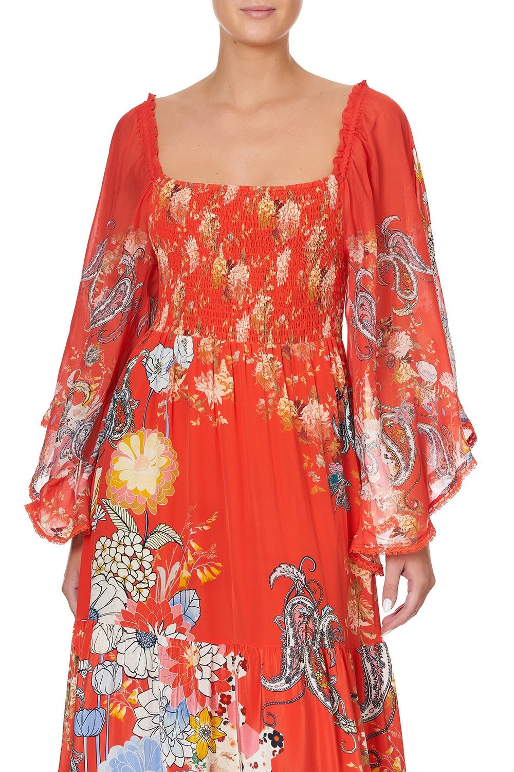 SHIRRED BODICE TIERED DRESS PAISLEY IN PATCHES