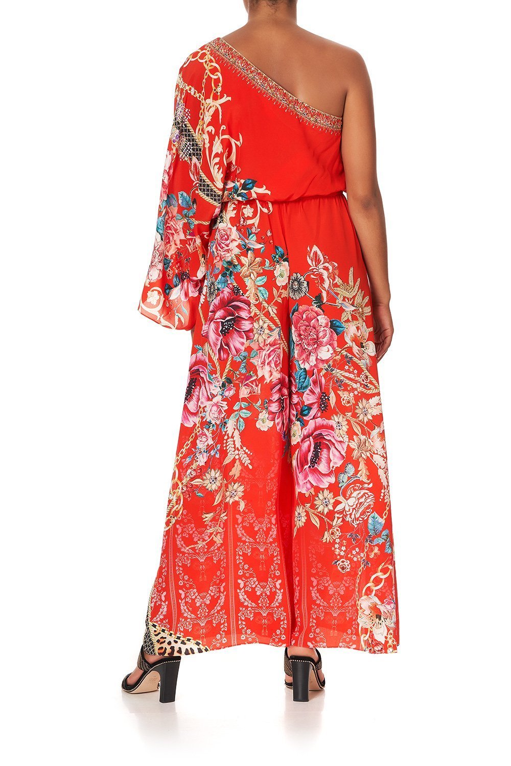 ONE SHOULDER FLARED JUMPSUIT AND THE QUEEN WORE RED