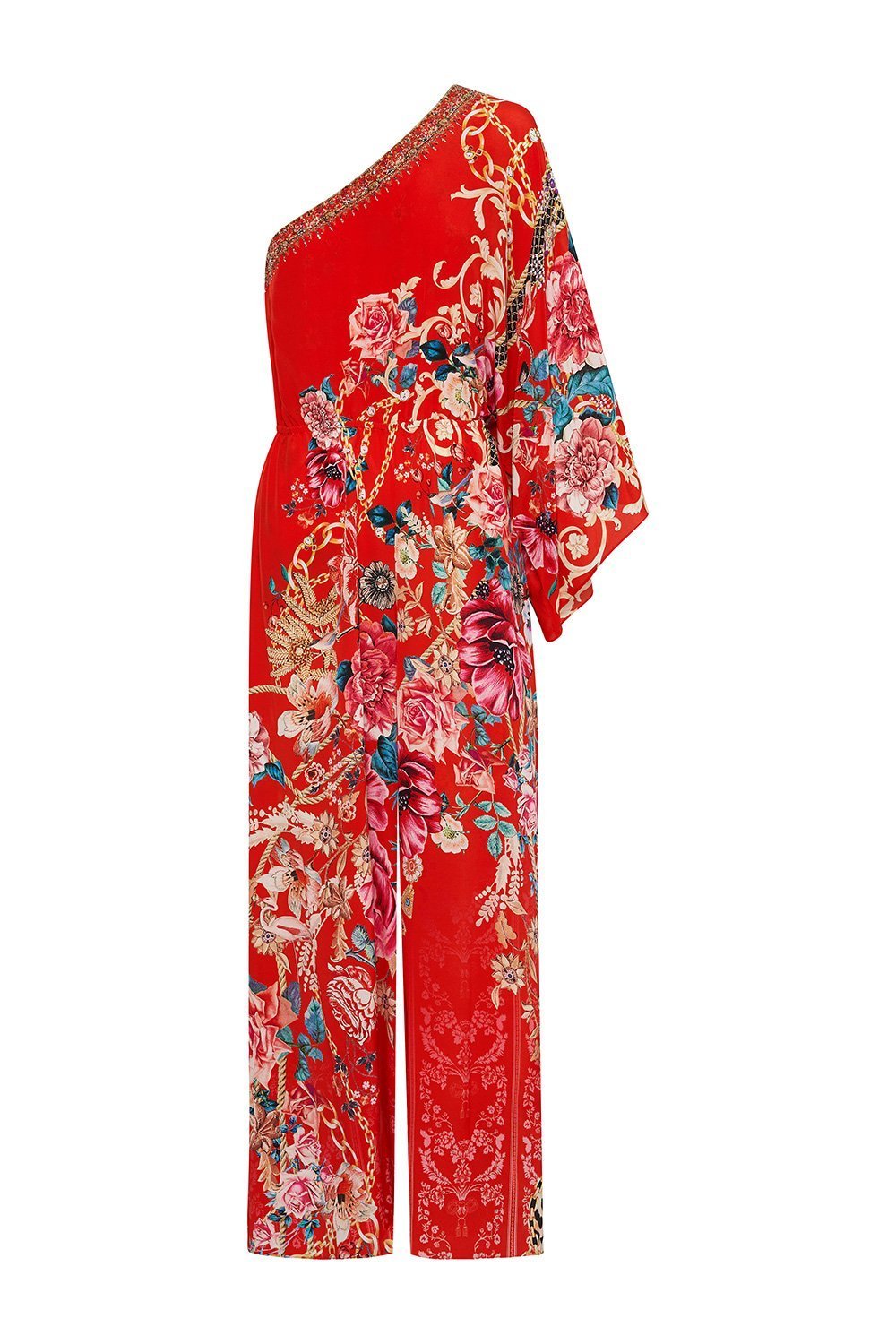 ONE SHOULDER FLARED JUMPSUIT AND THE QUEEN WORE RED