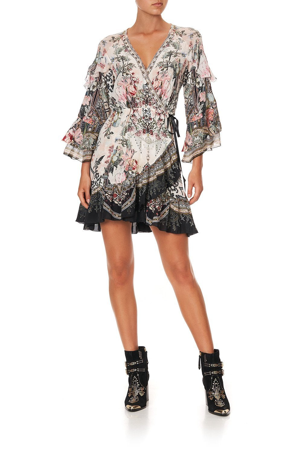 SHORT WRAP DRESS WITH RUFFLES ROMANCE IS BORN