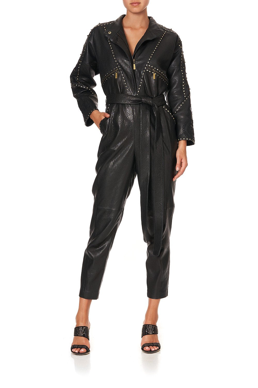  Women's Faux Leather Jumpsuit Long Sleeve Front Zipper