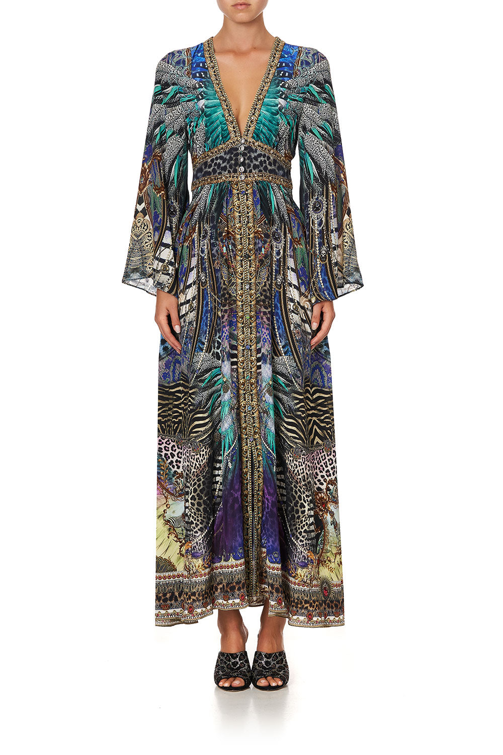 KIMONO SLEEVE DRESS WITH SHIRRING DETAIL ANIMAL ARMY