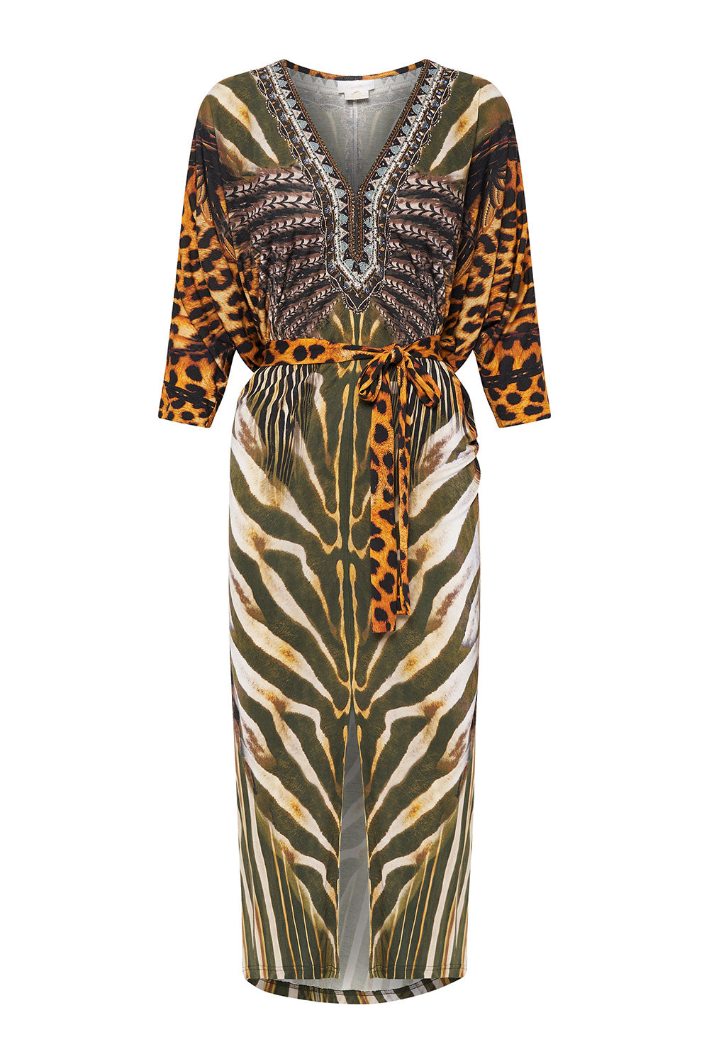 JERSEY FITTED V NECK DRESS WITH TIE NINE LIVES