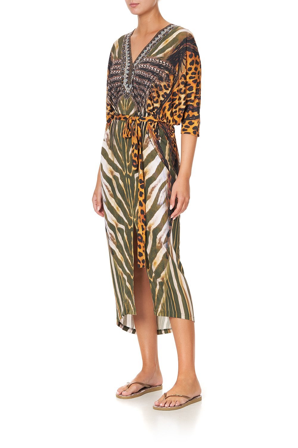 JERSEY FITTED V NECK DRESS WITH TIE NINE LIVES