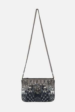 EMBELLISHED ZIP TOP CLUTCH WITH STRAP ORDER OF DISORDER