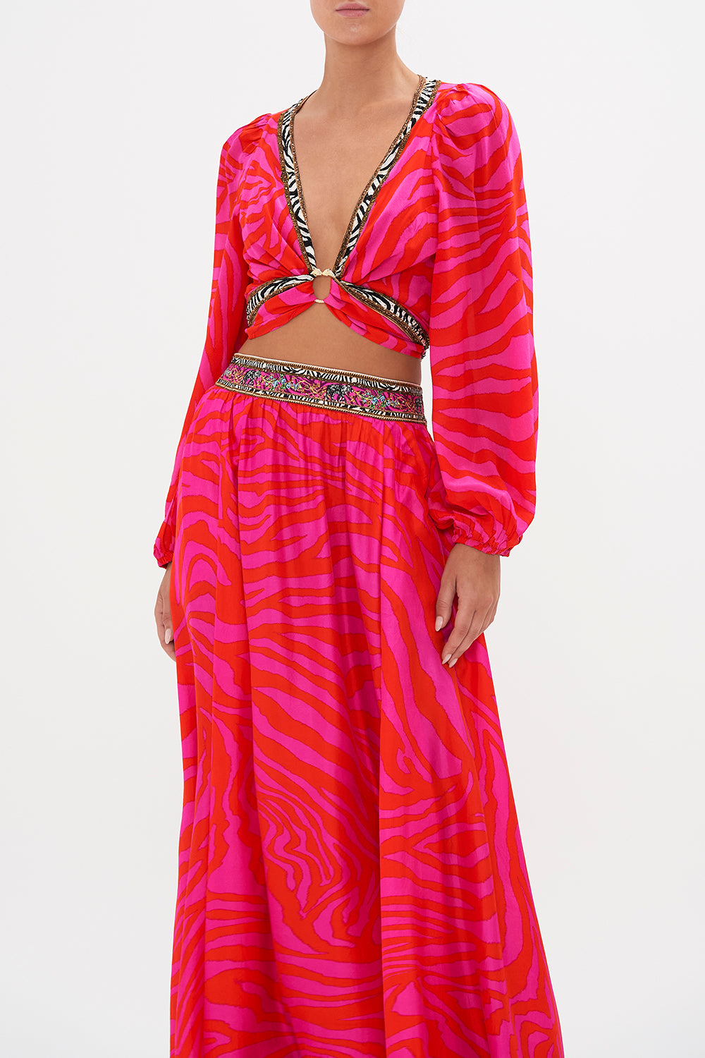 TIE FRONT BLOUSON SLEEVE BLOUSE ZEBRA ZONE