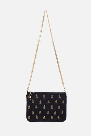 EMBELLISHED ZIP TOP CLUTCH WITH STRAP SOLID BLACK