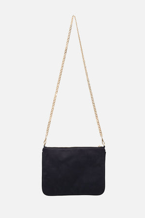 EMBELLISHED ZIP TOP CLUTCH WITH STRAP SOLID BLACK